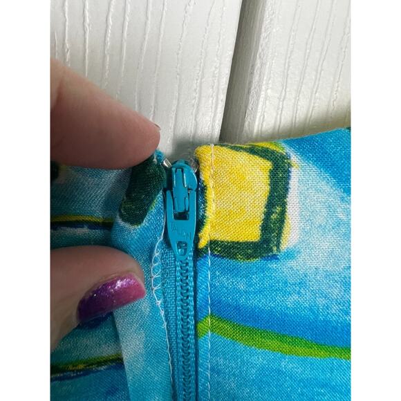80s WNY Blue Yellow Colorful Short Sleeve Batik Print Dress Size 4/6 Small Rayon - Picture 5 of 7